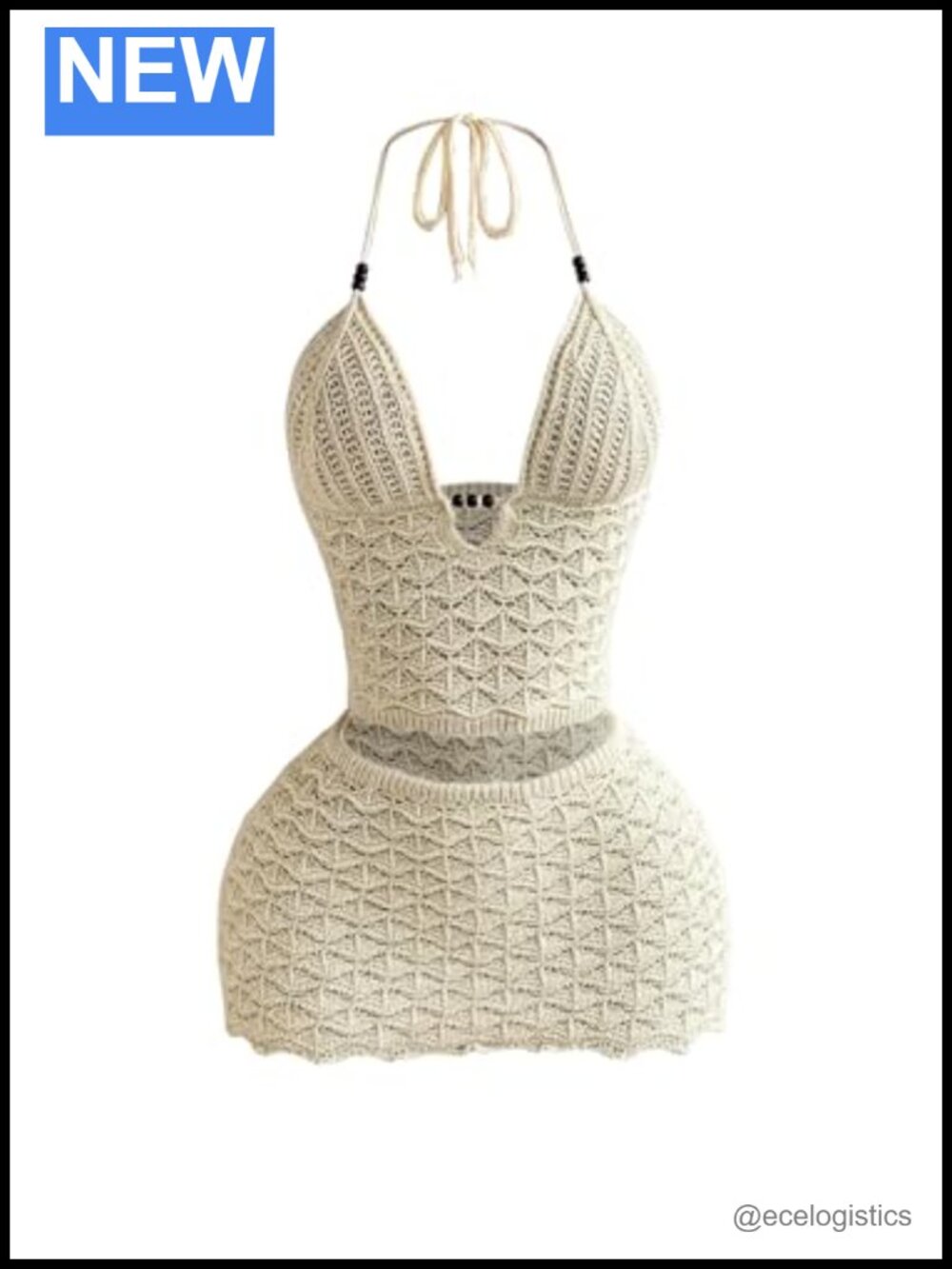 Women's Crochet Halter Crop Top & Bodycon Mini Skirt 2 Piece Outfit Set